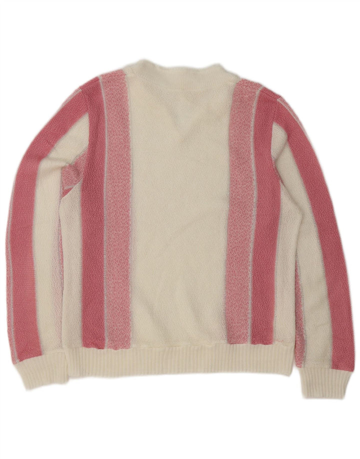 vintage Femme V-Col Jumper Pull UK 16 Grand Blanc Rayé