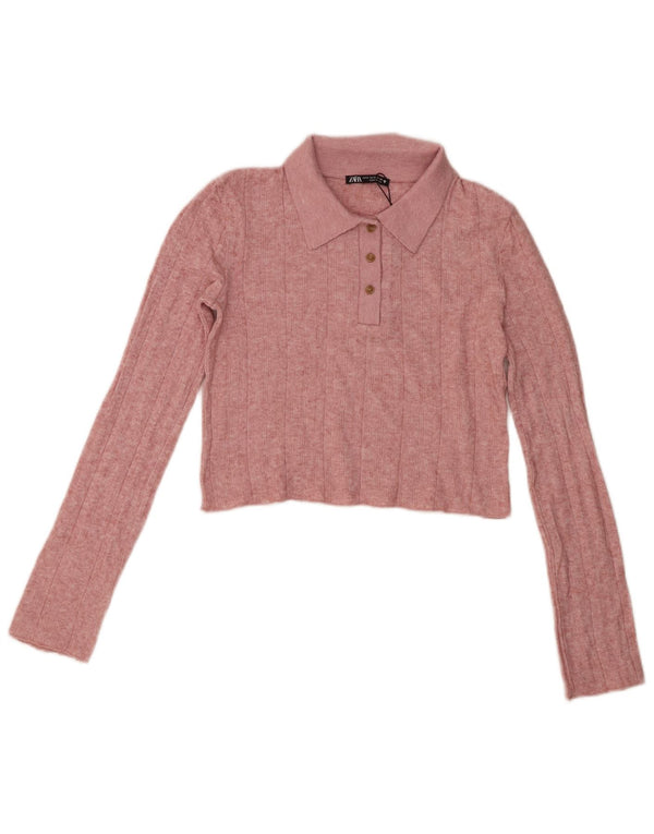 Zara Polo court à manches longues pour femme UK 10 Petite viscose rose