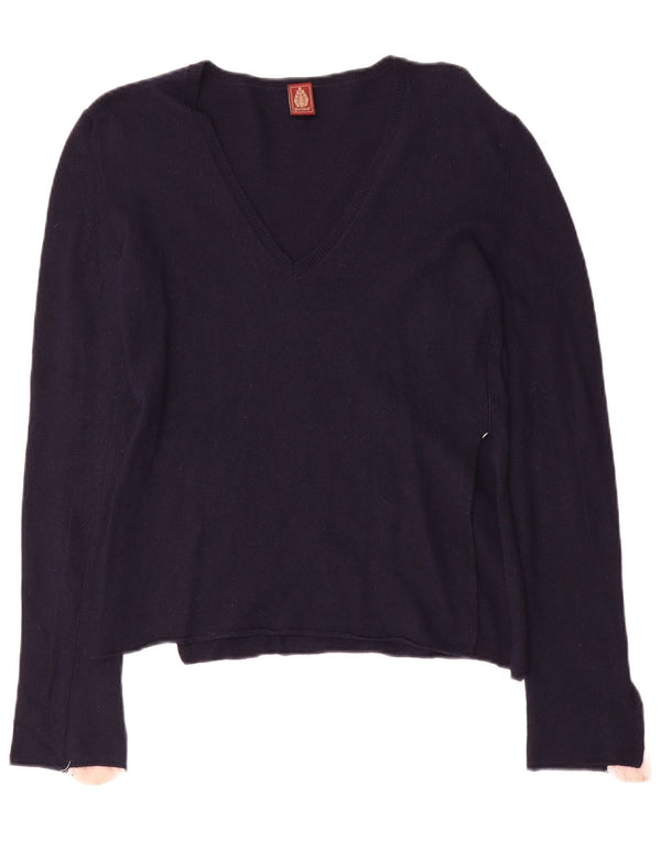 Dondup Womens V-Neck Jumper Sweater UK 10 Small Navy Blue Colourblock