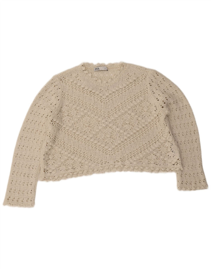 Zara Pull court surdimensionné à col rond pour femme UK 10 Petit Blanc