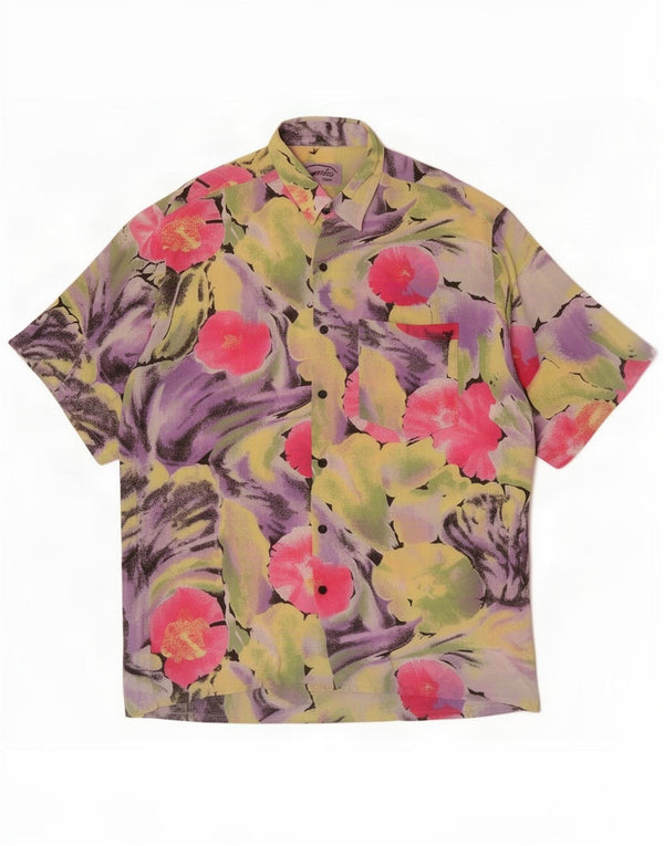 Chemise à manches courtes vintage pour homme en viscose florale multicolore moyenne