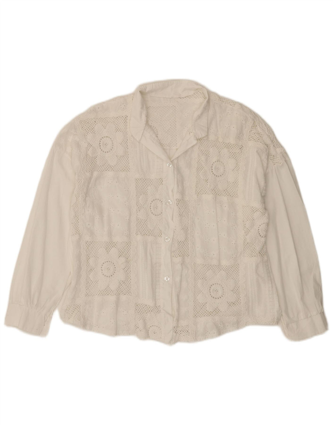 VINTAGE Femme 3/4 Manches Chemise Blouse UK 14 Moyen Blanc Floral Coton