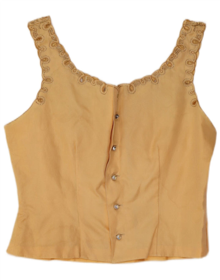 vintage Femmes Crop Sans Manches Blouse Top UK 12 Jaune Moyen
