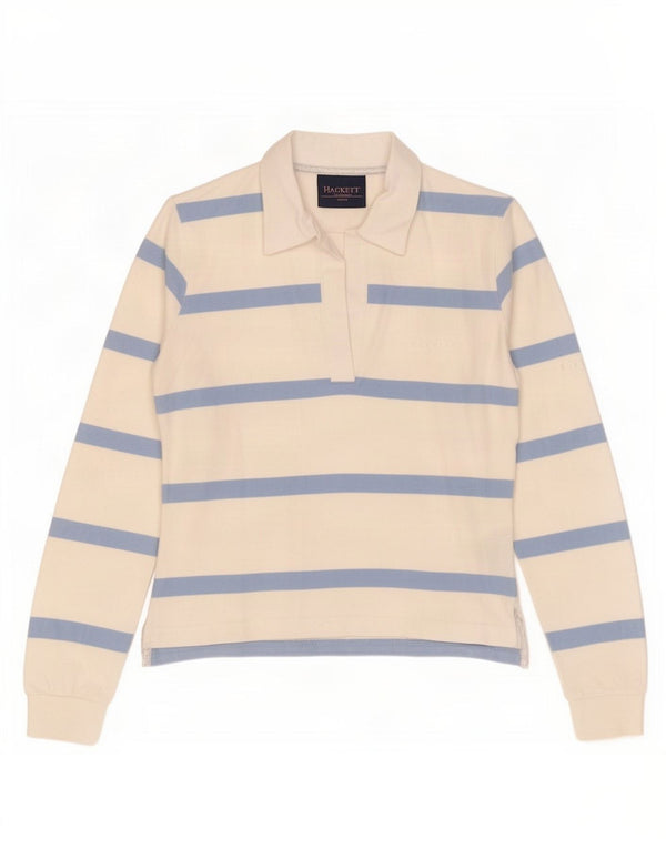 Hackett Polo à manches longues pour femme UK 12 Medium Off White Rayé Coton