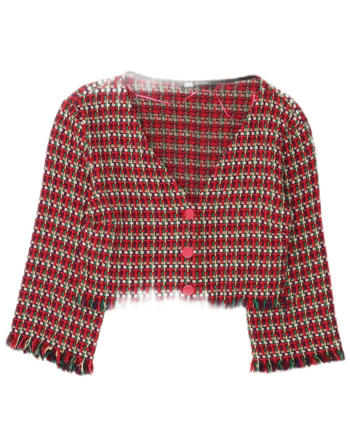 Zara Veste Boléro Femme UK 12 Coton à Carreaux Rouge Moyen