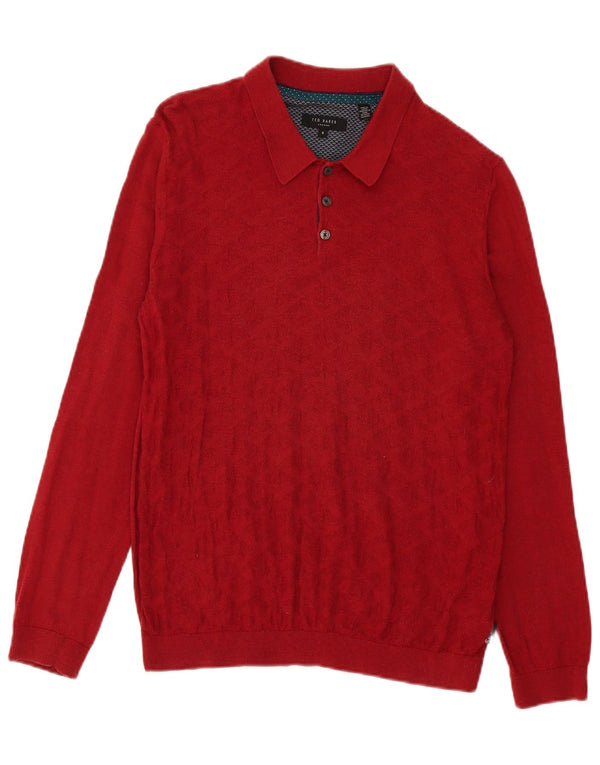 Ted Baker Pull à col polo pour homme Taille 4 Grand coton géométrique rouge