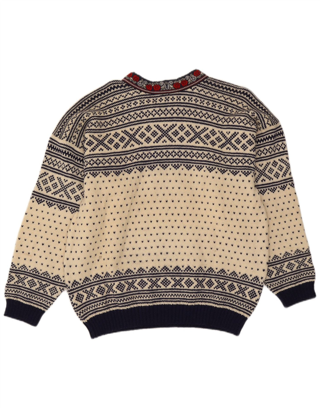 Voss Pull unisexe à col en V pour homme en laine Fair Isle blanc cassé moyen