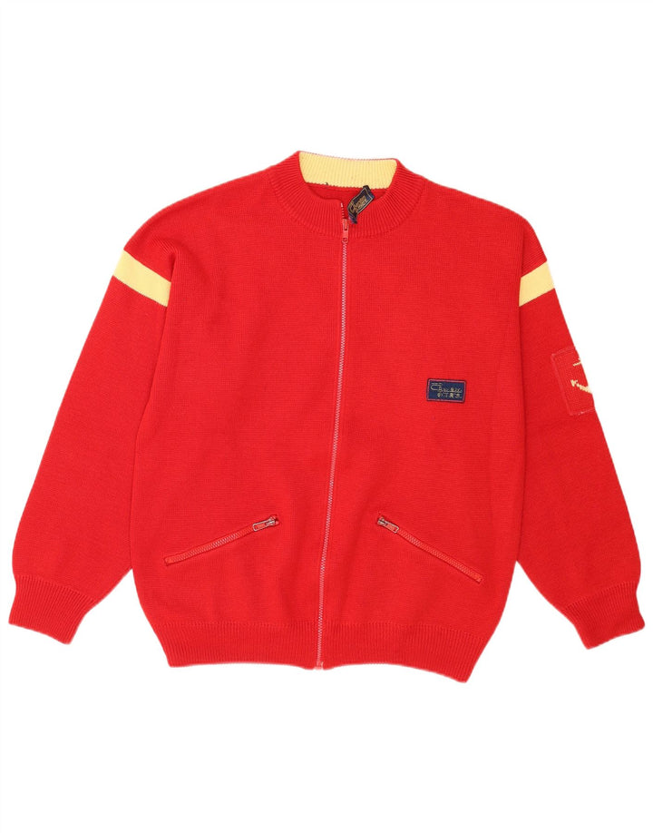 vintage Mens Full Zip Cardigan Pull Moyen Rouge Colourblock Acrylique