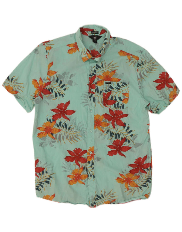 Volcom Chemise à manches courtes pour hommes XL Turquoise Floral Coton Hawaïen