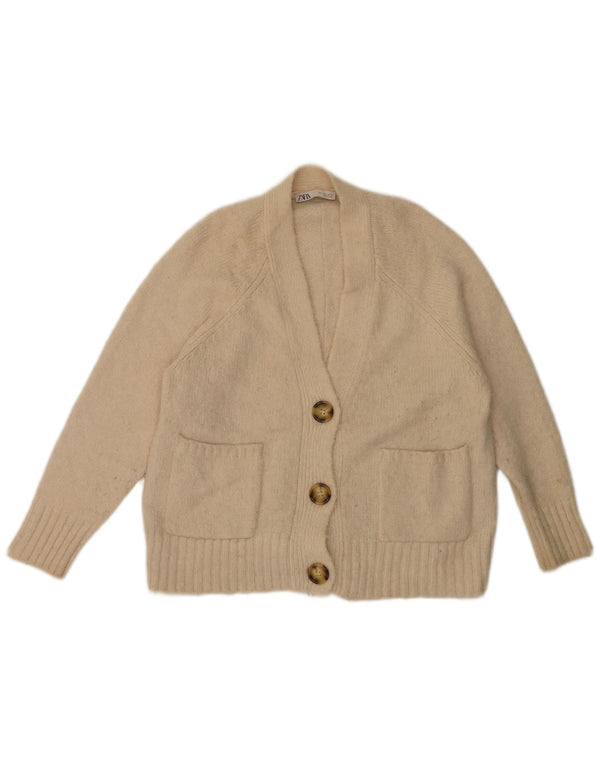 Zara Cardigan Femme Pull UK 16 Grand Acrylique Beige