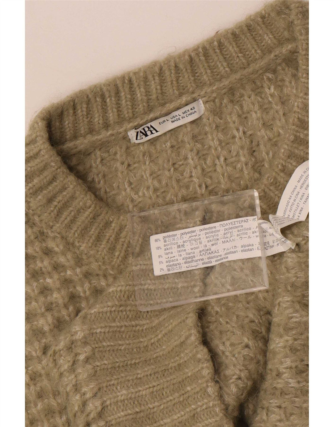 Zara Pull ras du cou pour homme, grand, kaki, polyester