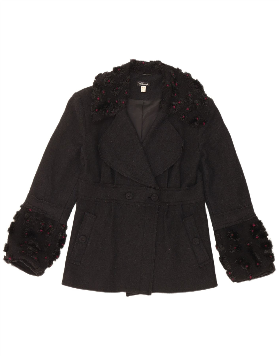 vintage Femme Double Breasted Coat UK 12 Laine Noire Moyenne