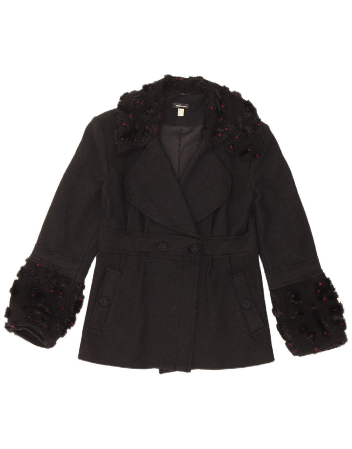 vintage Femme Double Breasted Coat UK 12 Laine Noire Moyenne