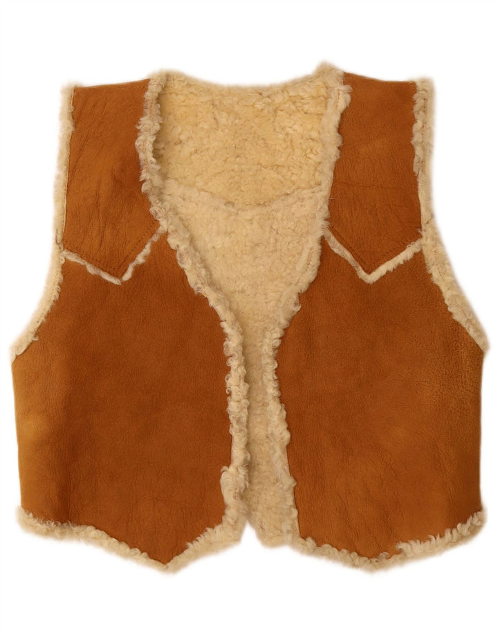 VINTAGE Gilet en cuir femme UK 14 Marron moyen