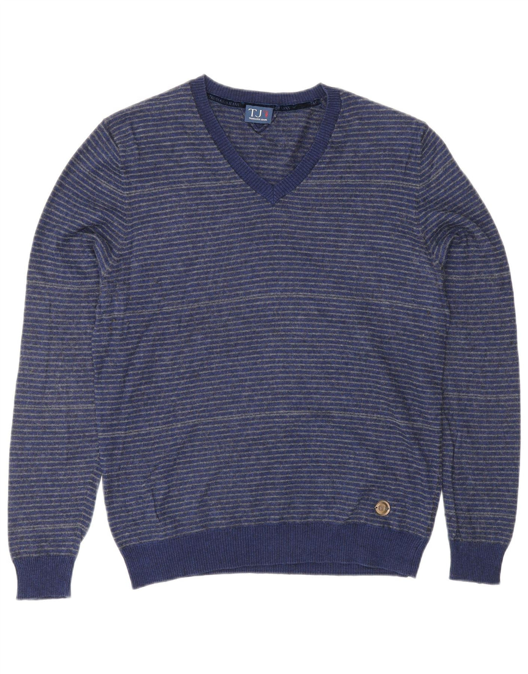 TRUSSARDI JEANS Pull Col V Homme Bleu Moyen Rayé Coton