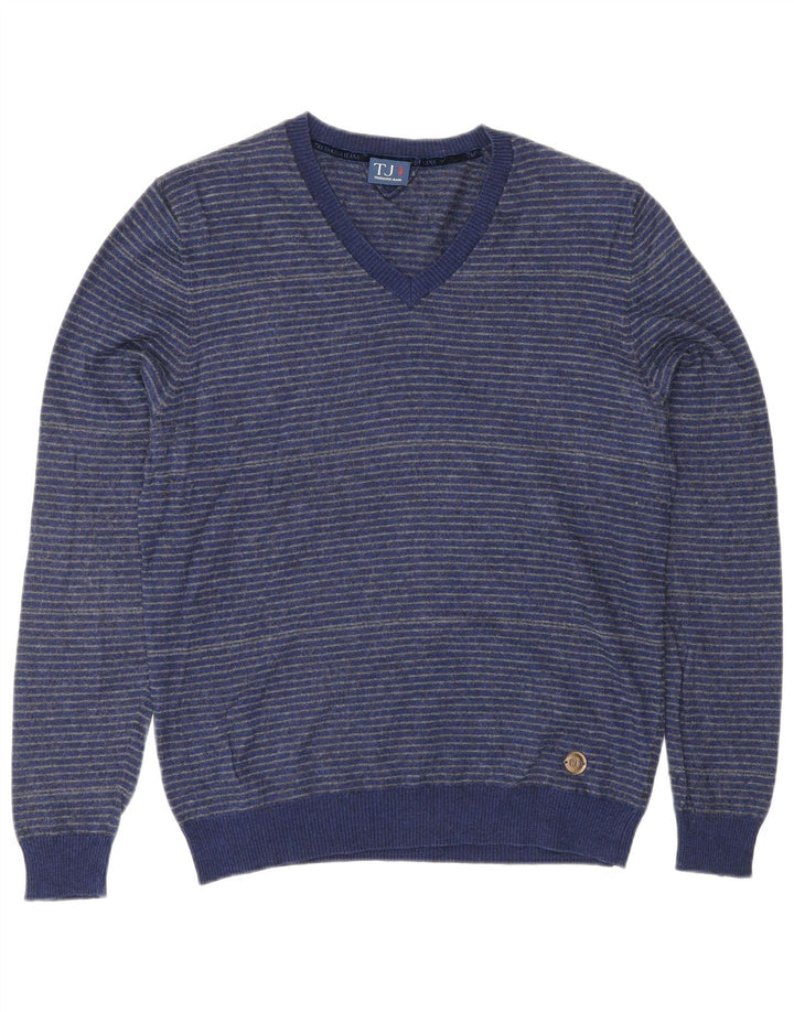 TRUSSARDI JEANS Pull Col V Homme Bleu Moyen Rayé Coton