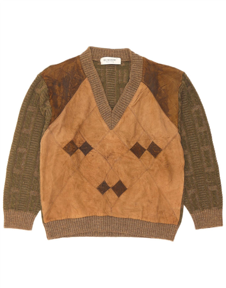 Dei Massimi Pull col V pour homme IT 48 Kaki moyen Argyle/Diamant
