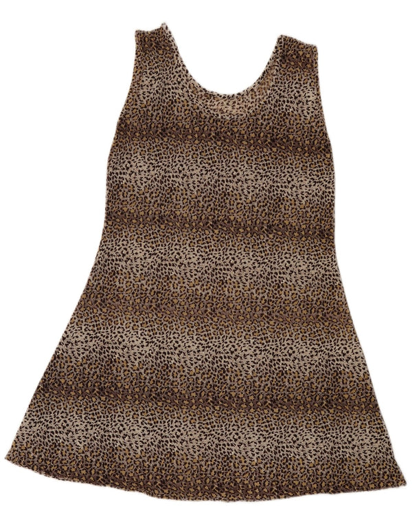 vintage Femmes Mini Robe Tunique Sans Manches UK 8 Petit Imprimé Animal Brun