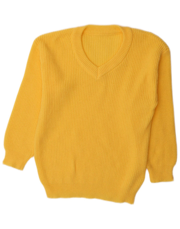 vintage Femme V-Col Jumper Pull UK 16 Grand Jaune Polyester