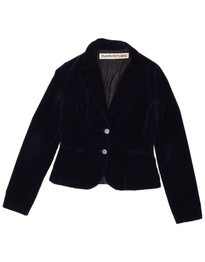 vintage Femme Velours 2 Bouton Blazer Veste IT 42 Moyen Bleu Marine Coton