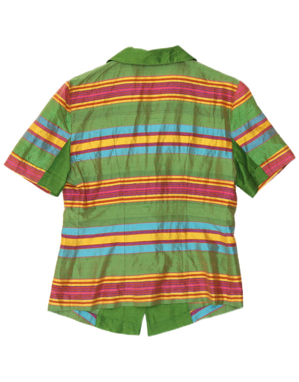 VINTAGE Femmes Manches Courtes Cardigan Top UK 12 Moyen Vert Rayé Rétro