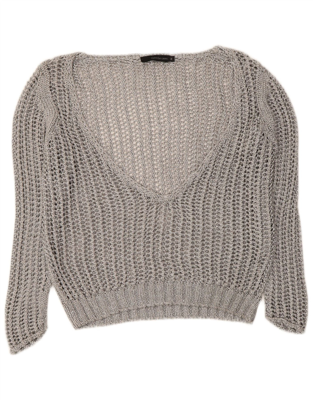Calvin Klein Jeans Pull crocheté à col en V pour femme UK 14 Argenté moyen