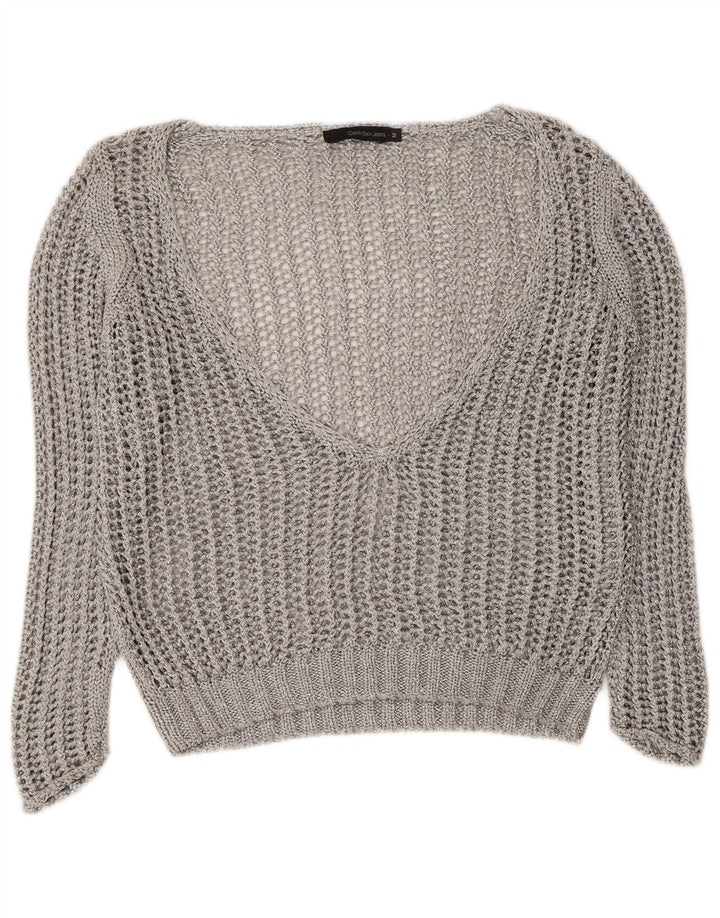 Calvin Klein Jeans Pull crocheté à col en V pour femme UK 14 Argenté moyen