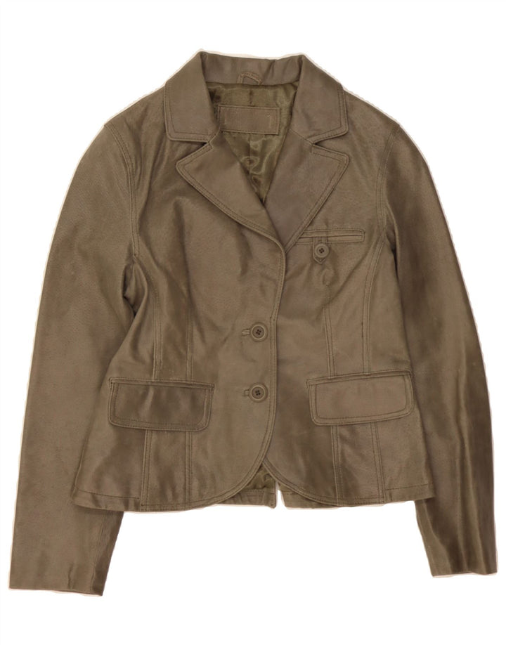 VINTAGE Womens 2 Button Leather Blazer Jacket UK 12 Medium Khaki Leather Vintage Vintage and Second-Hand Vintage from Messina Hembry 