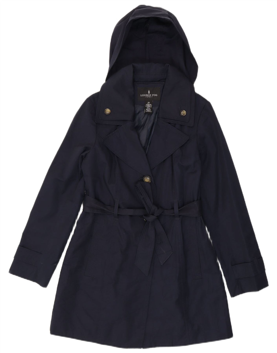 LONDON FOG Trench à capuche pour femme UK 10 Petit coton bleu marine
