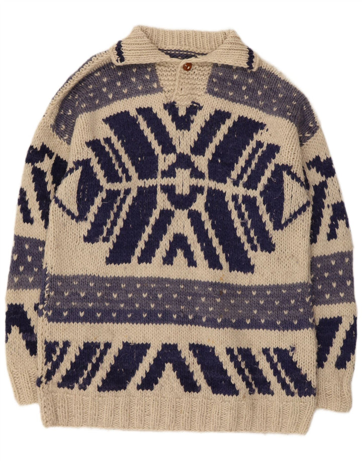 vintage Mens Polo Neck Jumper Pull Moyen Blanc Cassé Géométrique