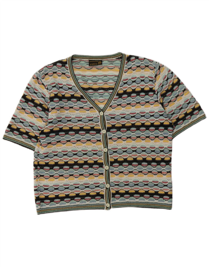 vintage Womens Cardigan Sweater UK 14 Grand Multicolore Géométrique