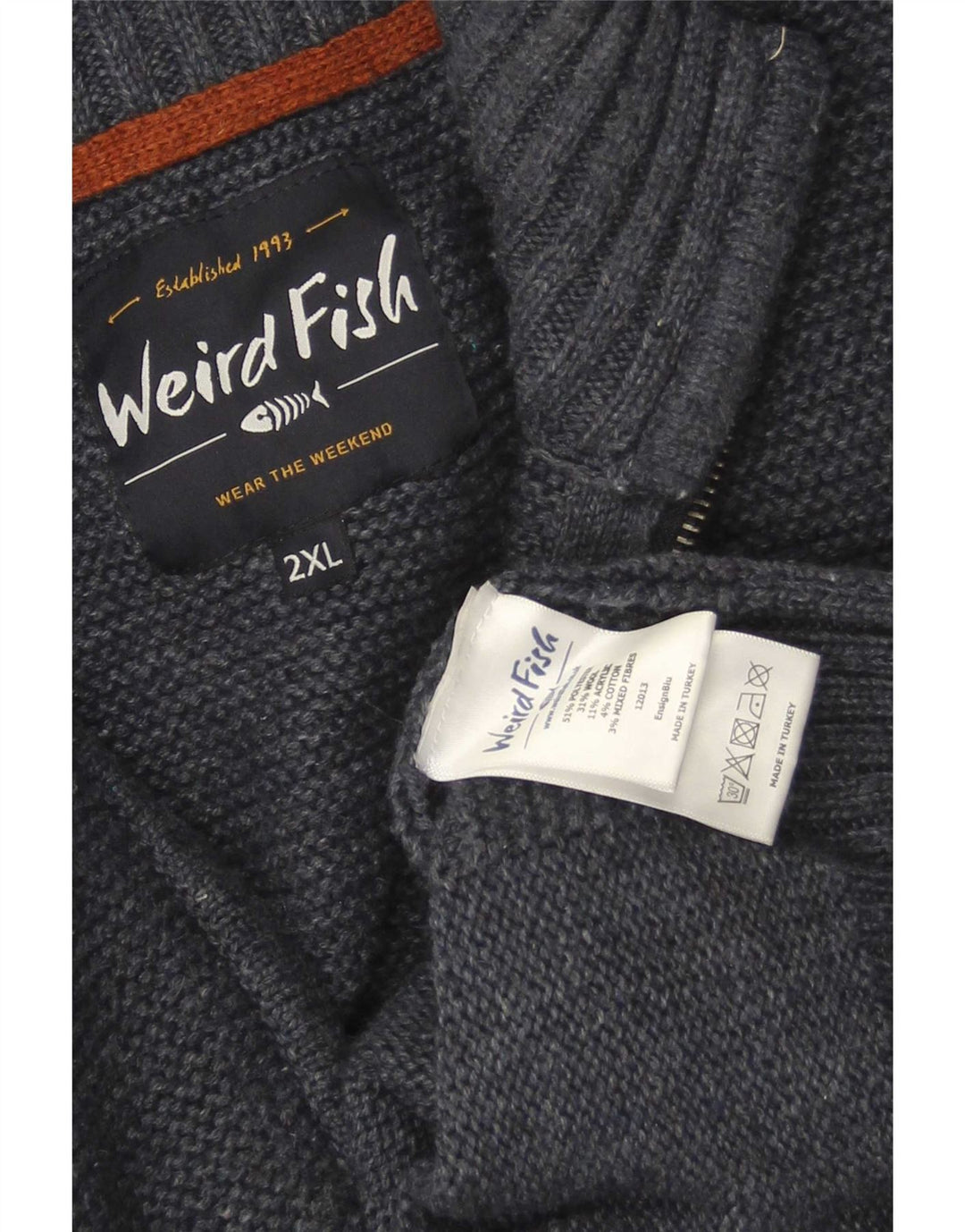 Weird Fish Pull à col zippé pour homme 2XL Bleu marine Polyester