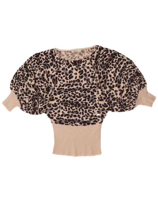 vintage Femmes 3/4 Manches Blouse Top UK 10 Petit Beige Animal Print Viscose