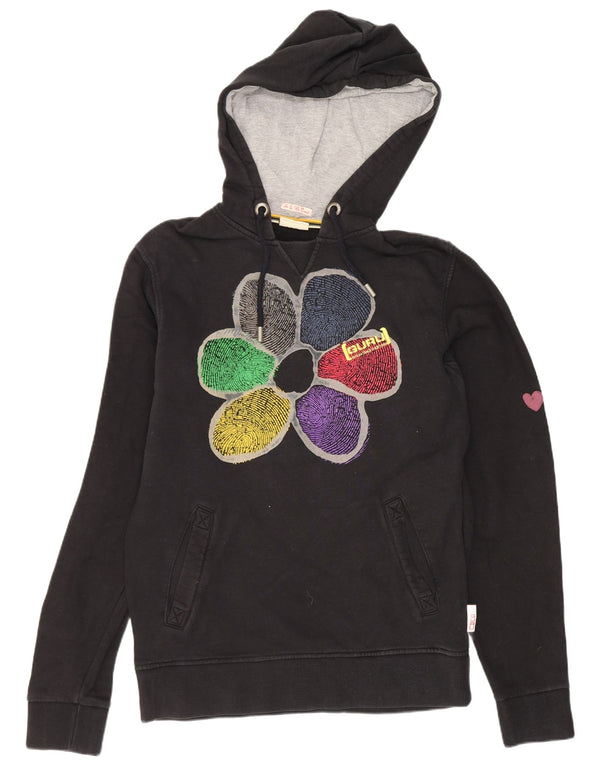 Guru Womens Graphic Hoodie Jumper UK 12 Medium Black Floral