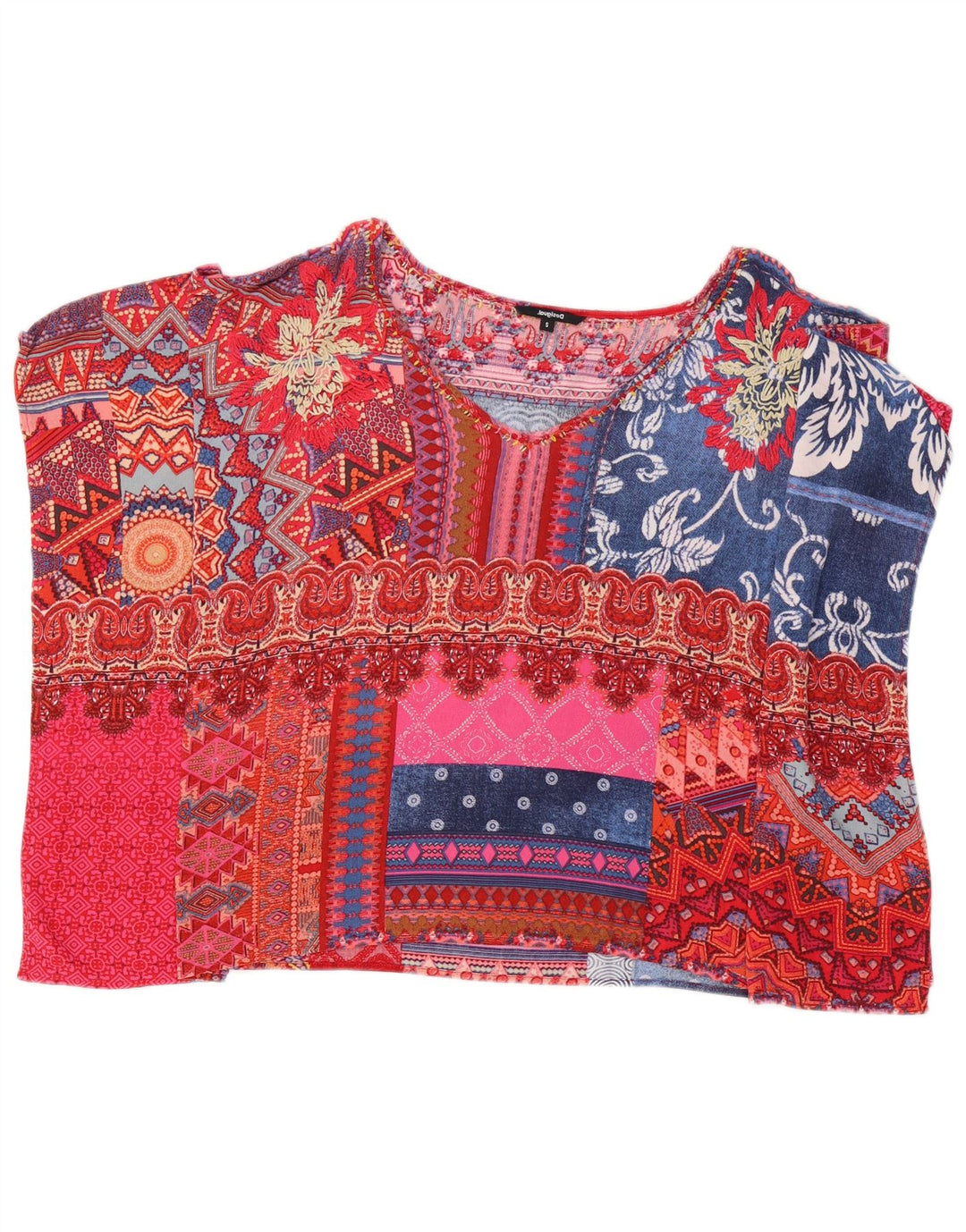 Desigual Femme Poncho Blouse Top UK 10 Petit Patchwork Multicolore