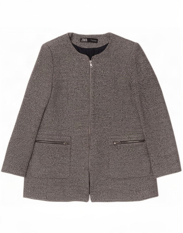 Zara Womens Full Zip Blazer Jacket UK 18 XL Gris Chevrons Coton