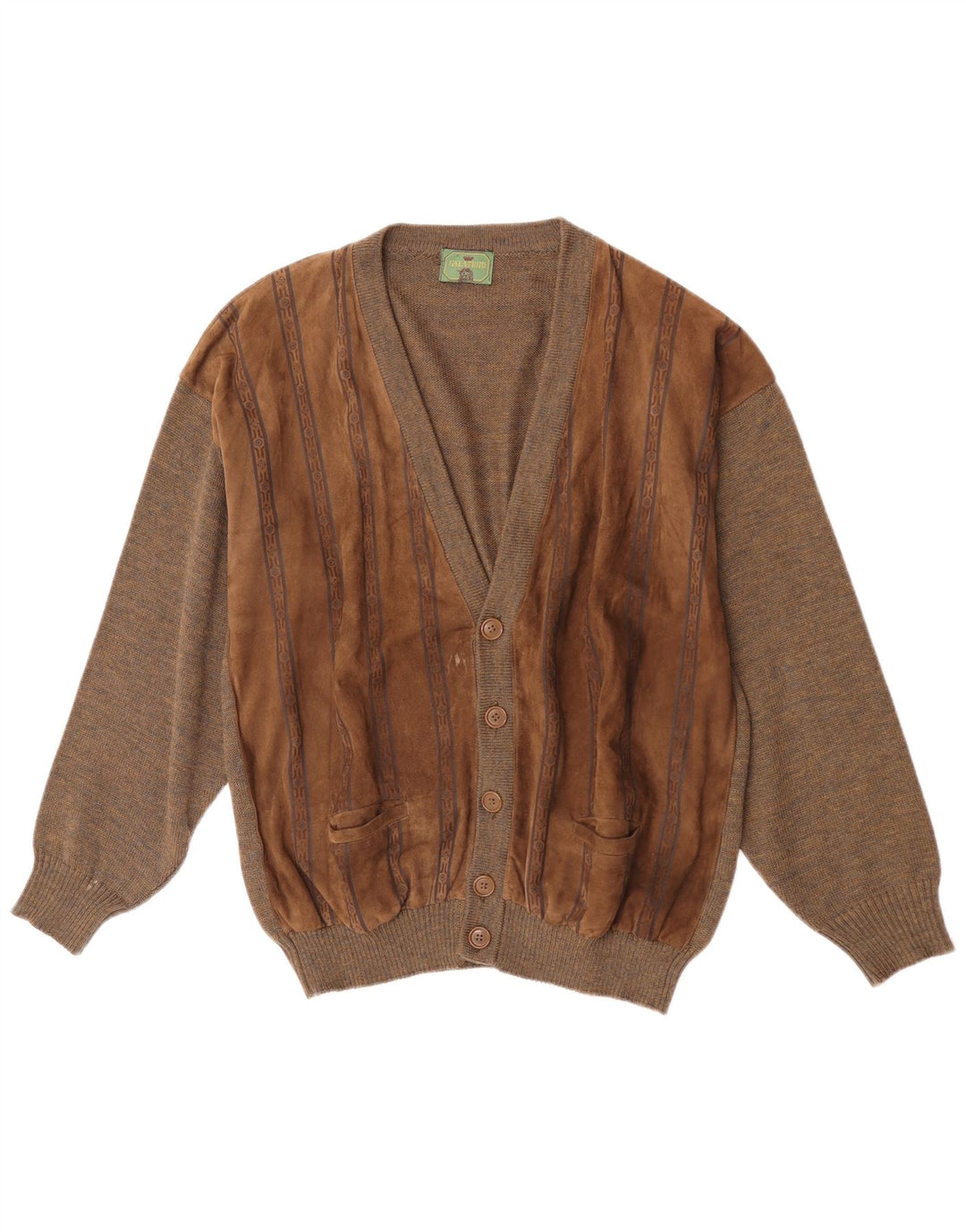 vintage Mens Daim Cardigan Pull Grande Laine Géométrique Marron