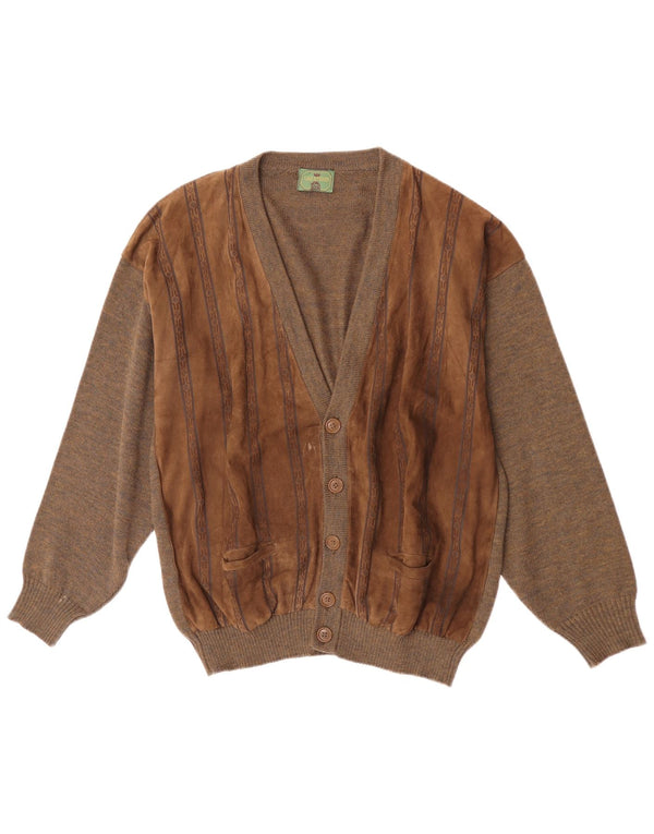 vintage Mens Daim Cardigan Pull Grande Laine Géométrique Marron
