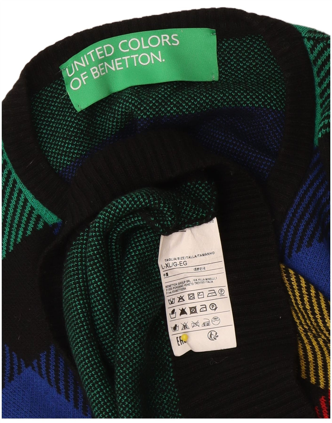 Benetton Pull à col rond pour femme UK 16 Grand carreaux multicolores