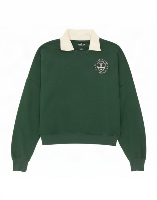 Hollister Femmes Crop Oversize Sweatshirt Jumper UK 14 Moyen Vert Coton