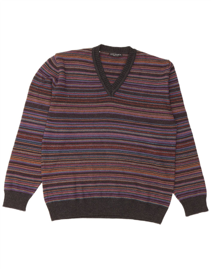 VINTAGE Pull col V homme IT 52 grande laine rayée multicolore