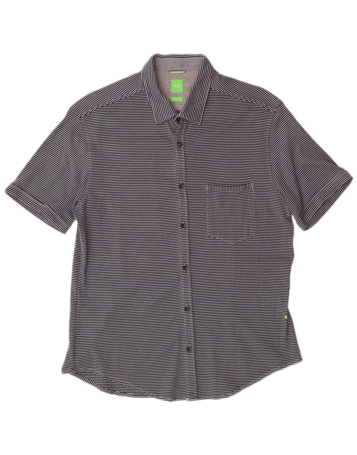 HUGO BOSS Chemise Slim Fit à manches courtes pour hommes, grands rayures bleu marine