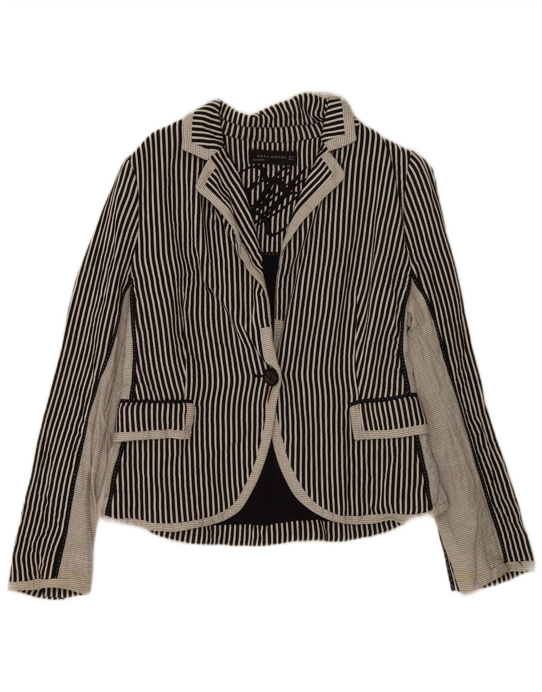 Zara Veste Blazer 1 Bouton Femme UK 18 XL Coton Rayé Noir