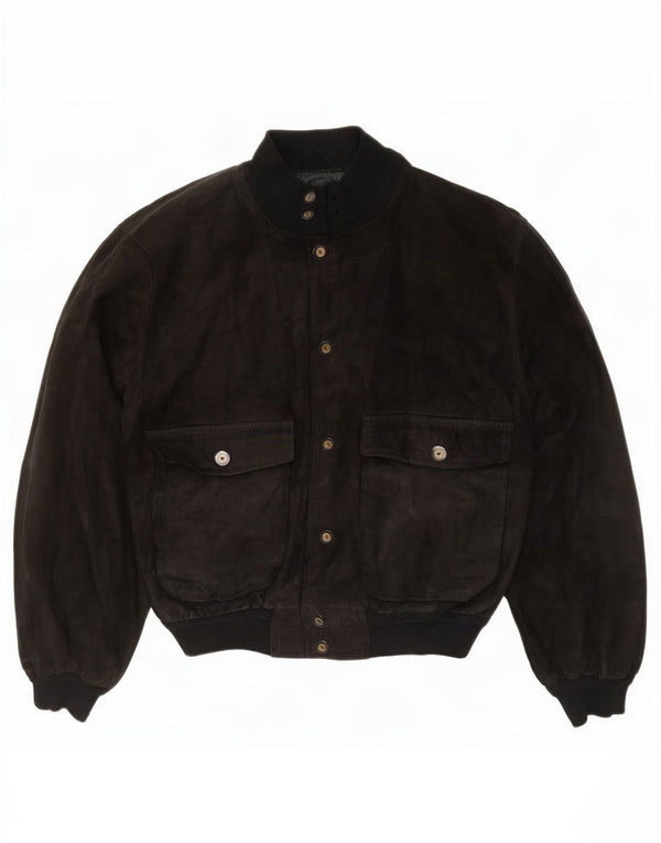 vintage Mens Suede Bomber Jacket UK 36 Petit cuir noir