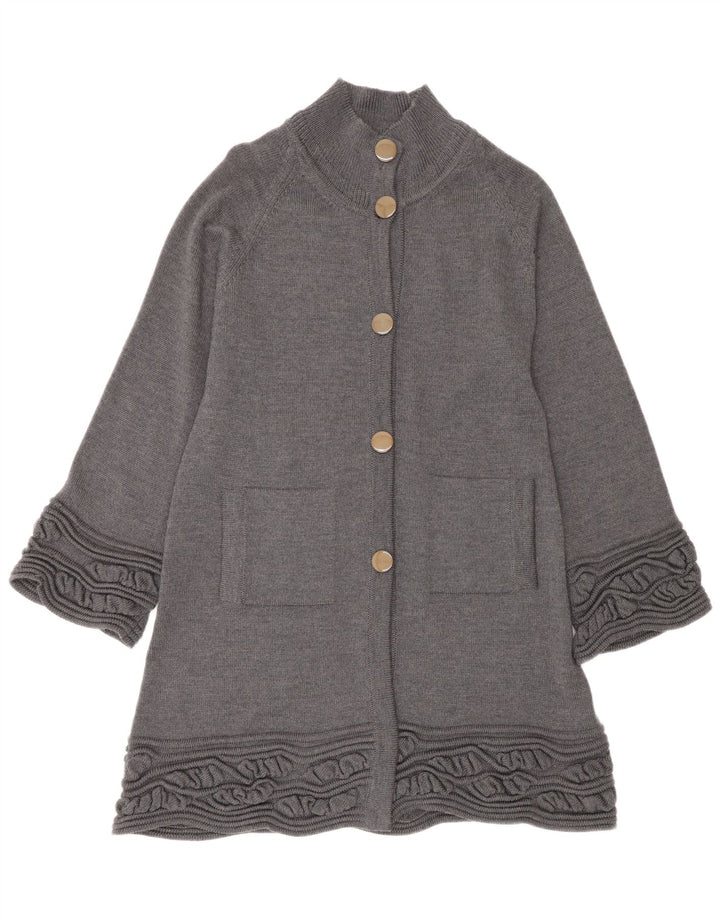 Pull cardigan long pour femme UK 14 laine vierge gris moyen