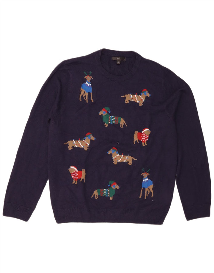 Marks & Spencer Pull col rond pour homme Bleu marine Fair Isle Taille L