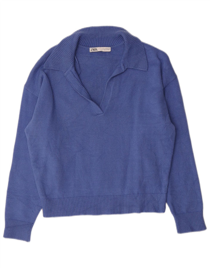 Zara Pull col polo pour femme UK 14 Bleu moyen Viscose