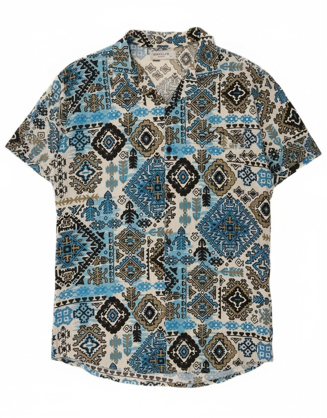 vintage Chemise à manches courtes pour hommes Grande rayonne Ikat bleue