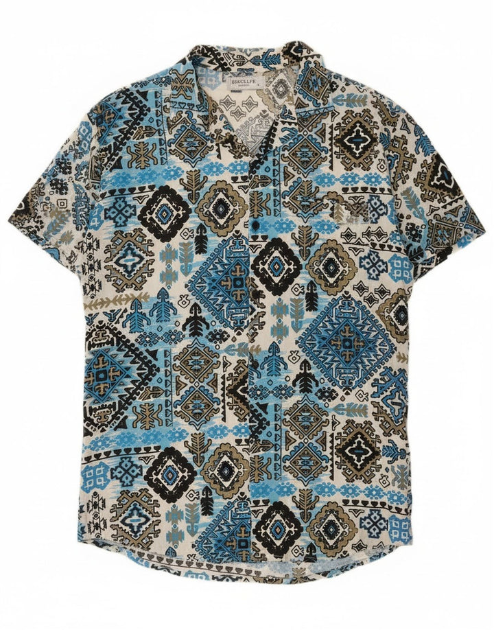 vintage Chemise à manches courtes pour hommes Grande rayonne Ikat bleue
