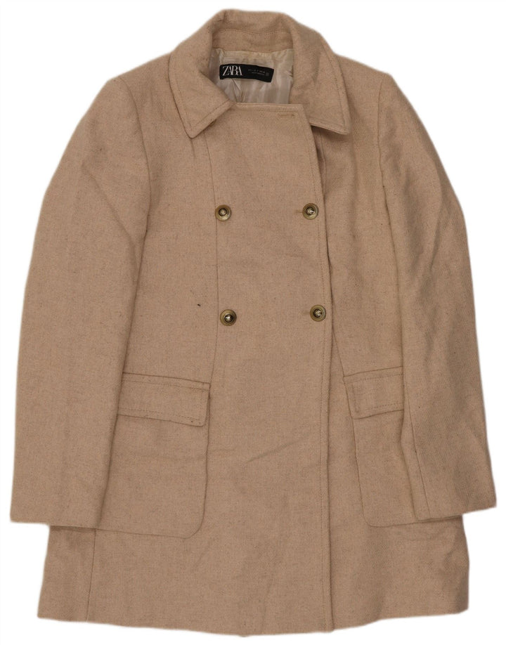Zara Womens Double Breasted Coat UK 10 Petite laine beige